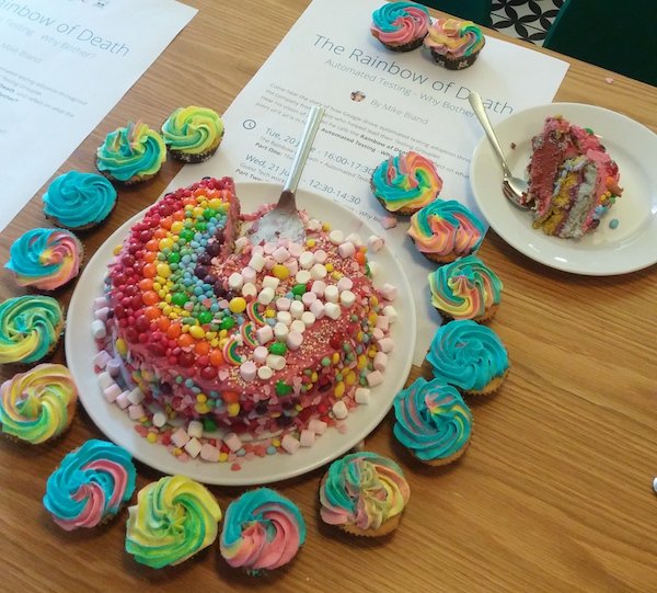 "The Rainbow of Death—By Diabetes" cupcakes and layer cake from June 20, 2017