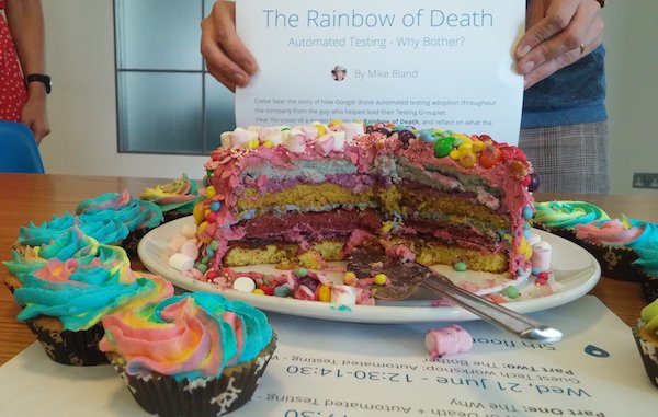 Side view of "The Rainbow of Death—By Diabetes" cupcakes and layer cake from June 20, 2017