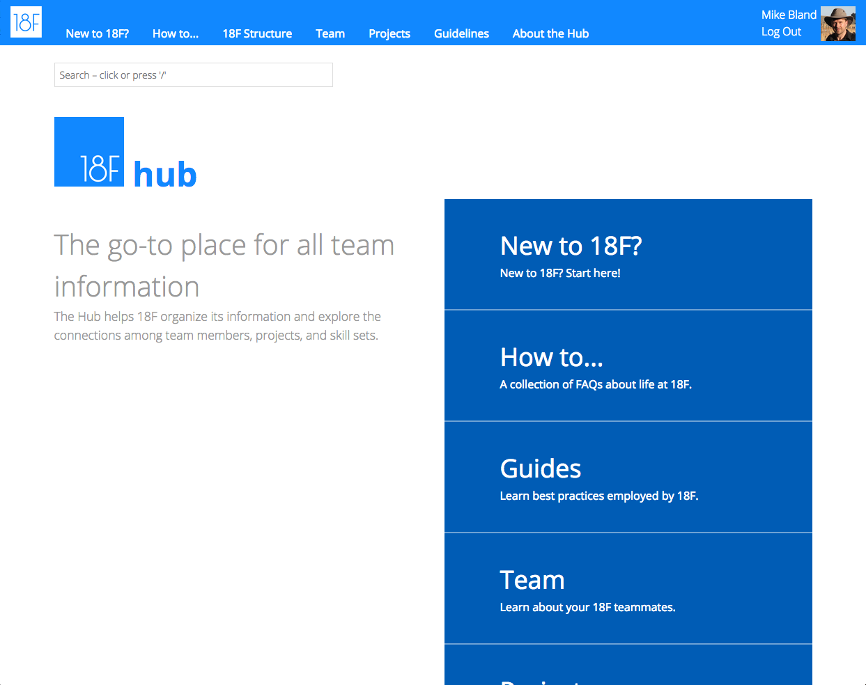 The front page of The Hub